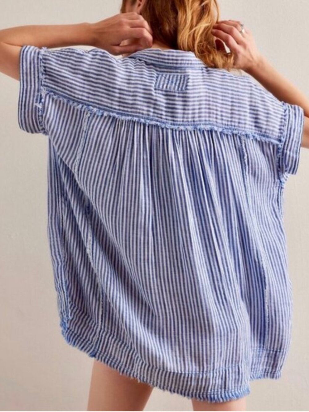 Free People / We The Free - Sun Beams Indigo Shirt - Indigo Stripe - Size L - Picture 3 of 7
